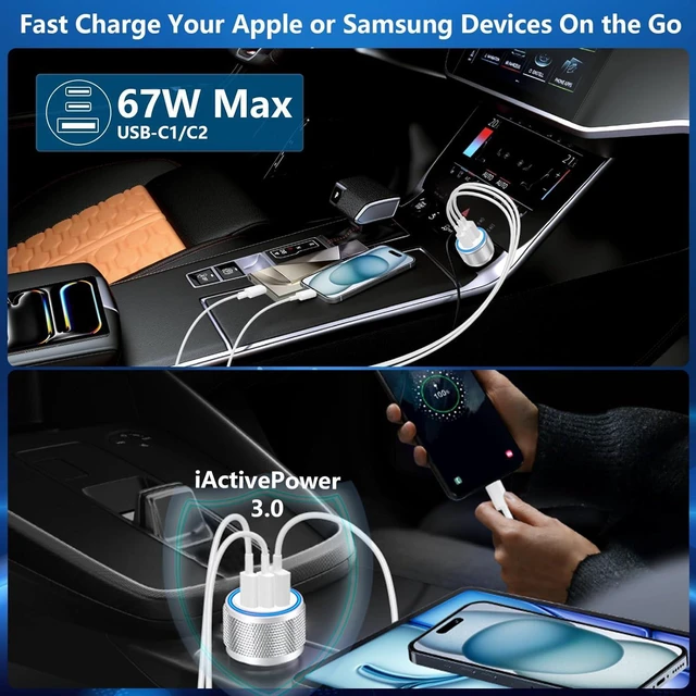Alt view image 5 of 7 - USB C Car Charger, Rombica 2Pack 3-Port 67W Dual USB-C&USB-A Car Power Cigarette Lighter USB Charger 3 in 1 PD/QC3.0 Type C Car Charger Fast Charging for iPhone 15 14 13 12 11 Pro/Galaxy S24 S23/Pixel