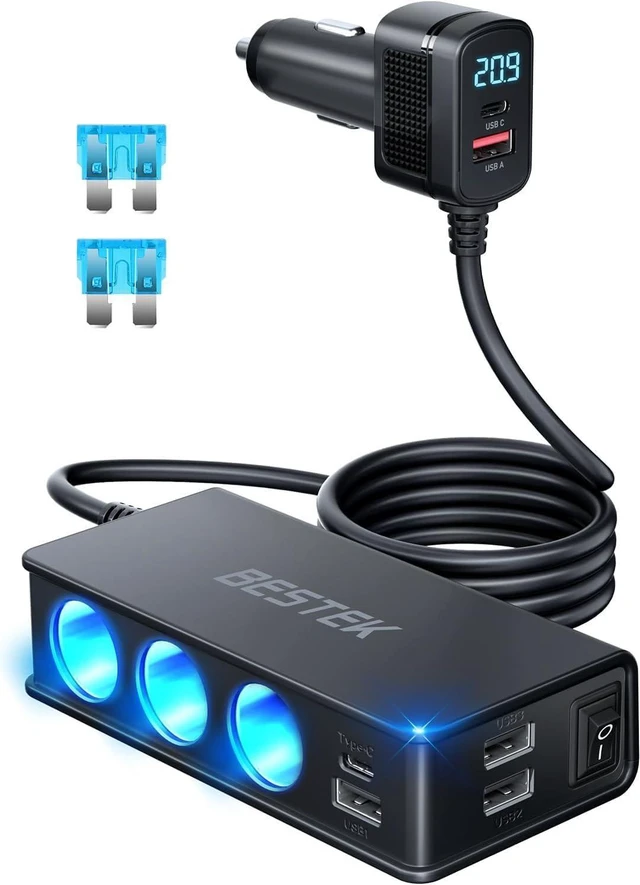 Main image of BESTEK 9 in 1 Car Charger Adapter,148W 3-Socket Cigarette Lighter Splitter with PD 30W*1/QC3.0 18W*4 Charging (2.8FT Cable), LED Display Super Fast Charger for 12V/24V