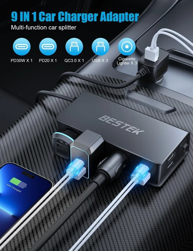 Alt view image 2 of 7 - BESTEK 9 in 1 Car Charger Adapter,148W 3-Socket Cigarette Lighter Splitter with PD 30W*1/QC3.0 18W*4 Charging (2.8FT Cable), LED Display Super Fast Charger for 12V/24V