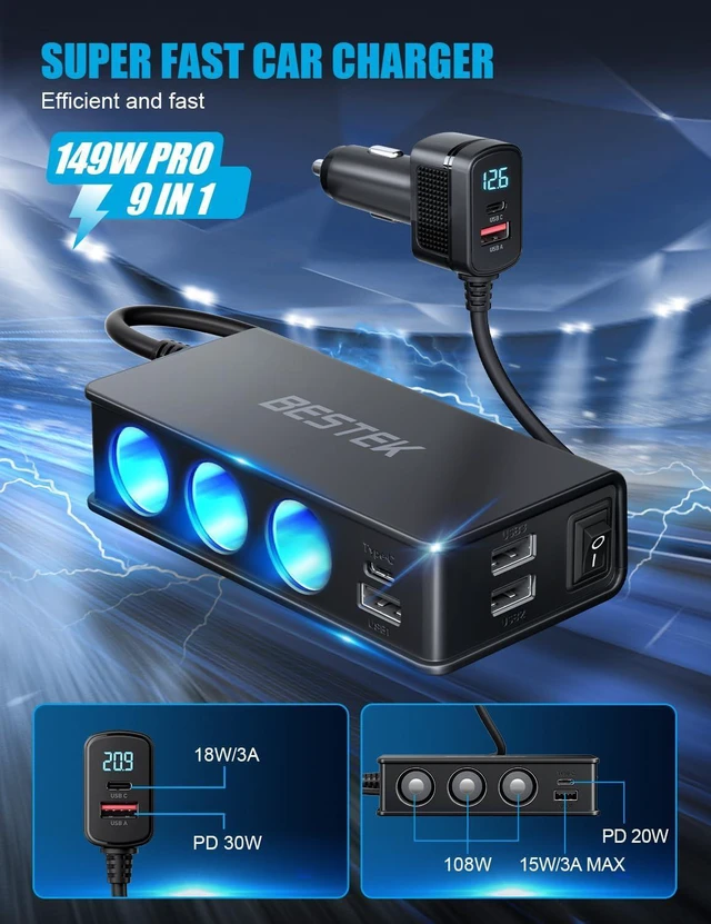 Alt view image 3 of 7 - BESTEK 9 in 1 Car Charger Adapter,148W 3-Socket Cigarette Lighter Splitter with PD 30W*1/QC3.0 18W*4 Charging (2.8FT Cable), LED Display Super Fast Charger for 12V/24V
