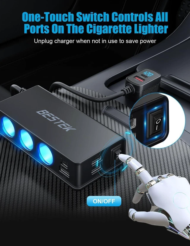 Alt view image 4 of 7 - BESTEK 9 in 1 Car Charger Adapter,148W 3-Socket Cigarette Lighter Splitter with PD 30W*1/QC3.0 18W*4 Charging (2.8FT Cable), LED Display Super Fast Charger for 12V/24V