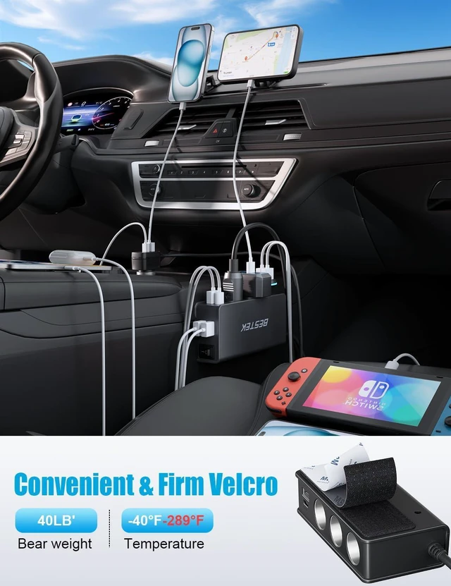 Alt view image 6 of 7 - BESTEK 9 in 1 Car Charger Adapter,148W 3-Socket Cigarette Lighter Splitter with PD 30W*1/QC3.0 18W*4 Charging (2.8FT Cable), LED Display Super Fast Charger for 12V/24V