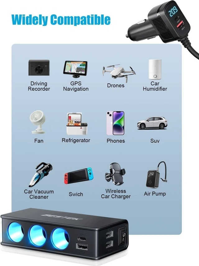Alt view image 7 of 7 - BESTEK 9 in 1 Car Charger Adapter,148W 3-Socket Cigarette Lighter Splitter with PD 30W*1/QC3.0 18W*4 Charging (2.8FT Cable), LED Display Super Fast Charger for 12V/24V