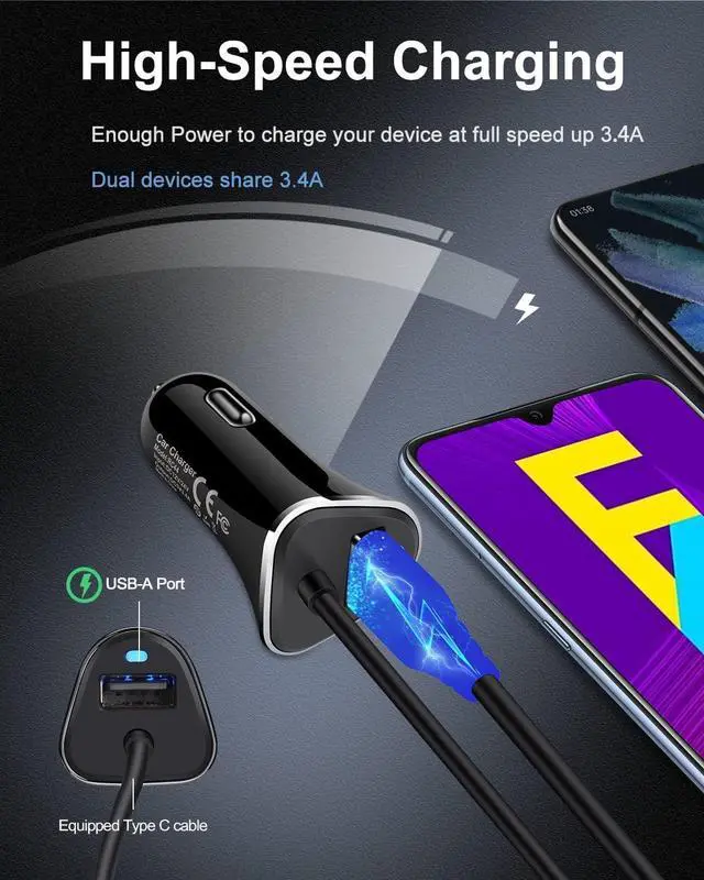 Alt view image 2 of 7 - USB-C Car Charger, 3.4A USB Type C Car Charger Adapter & Fast Charge Cable Cords Cargador Carro Lighter for Samsung Galaxy S24 S23 S22 S20 S10 S9 S8 Note 20, iPhone 16 15 Pro Max Android Cigarette 12V