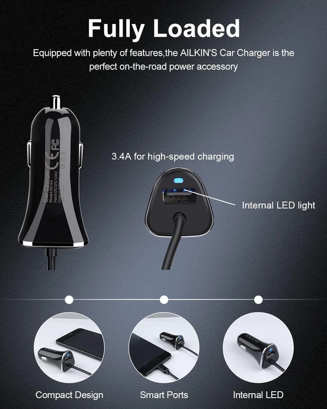 Alt view image 3 of 7 - USB-C Car Charger, 3.4A USB Type C Car Charger Adapter & Fast Charge Cable Cords Cargador Carro Lighter for Samsung Galaxy S24 S23 S22 S20 S10 S9 S8 Note 20, iPhone 16 15 Pro Max Android Cigarette 12V