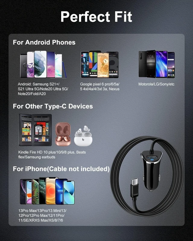 Alt view image 7 of 7 - USB-C Car Charger, 3.4A USB Type C Car Charger Adapter & Fast Charge Cable Cords Cargador Carro Lighter for Samsung Galaxy S24 S23 S22 S20 S10 S9 S8 Note 20, iPhone 16 15 Pro Max Android Cigarette 12V