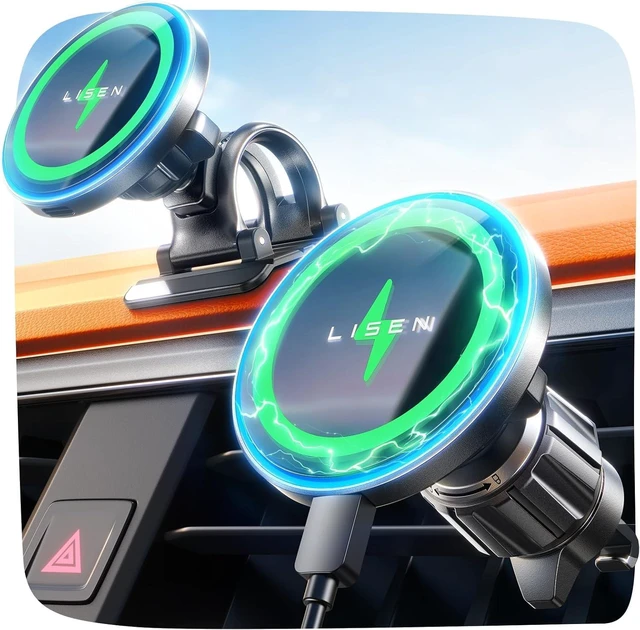 Main image of LISEN for MagSafe Car Mount Charger, Magnetic Phone Holder Car Mount15W Pro Fast Charing Vent/Dashboard Wireless iPhone Car Accessories Charger for iPhone 16e 16 Pro Max Plus 15 14 13, Black