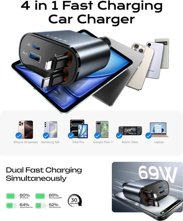Alt view image 6 of 7 - Retractable Car Charger 4 in 1 for Cars 69W Retractable USB C Car Charger with 31.5in Cable Fast Charging for iPhone 17 16 15 14 13 12 Pro Max Plus Compact Cars Accessories for Daily Driving