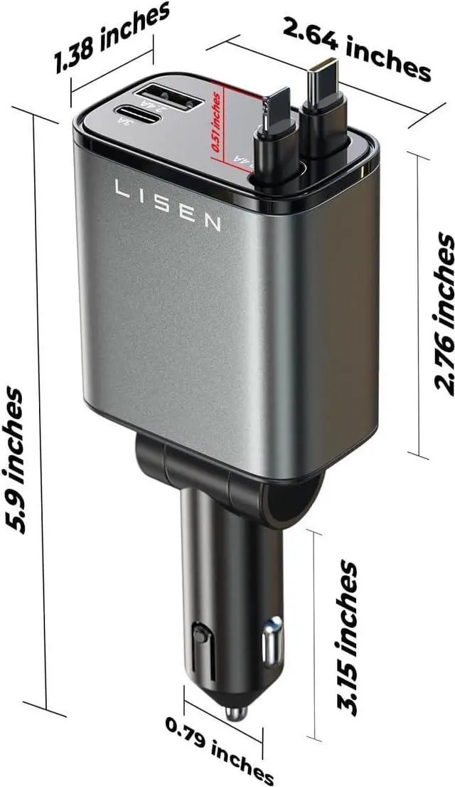 Alt view image 7 of 7 - Retractable Car Charger 4 in 1 for Cars 69W Retractable USB C Car Charger with 31.5in Cable Fast Charging for iPhone 17 16 15 14 13 12 Pro Max Plus Compact Cars Accessories for Daily Driving