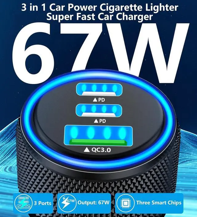 Alt view image 2 of 7 - USB C Car Charger, Rombica 3-Port 67W Dual PD USB-C&USB-A Car Power Cigarette Lighter USB Charger PD/QC Type C Car Charger Fast Charging Adapter for iPhone 15 14 13 12 11 Pro/Galaxy S24 S23/Pixel/iPad