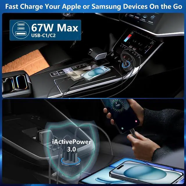 Alt view image 6 of 7 - USB C Car Charger, Rombica 3-Port 67W Dual PD USB-C&USB-A Car Power Cigarette Lighter USB Charger PD/QC Type C Car Charger Fast Charging Adapter for iPhone 15 14 13 12 11 Pro/Galaxy S24 S23/Pixel/iPad