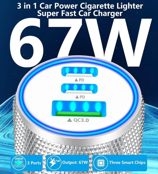 Alt view image 4 of 7 - USB C Car Charger, Rombica 2Pack 3-Port 67W Dual USB-C&USB-A Car Power Cigarette Lighter USB Charger 3 in 1 PD/QC3.0 Type C Car Charger Fast Charging for iPhone 15 14 13 12 11 Pro/Galaxy S24 S23/Pixel