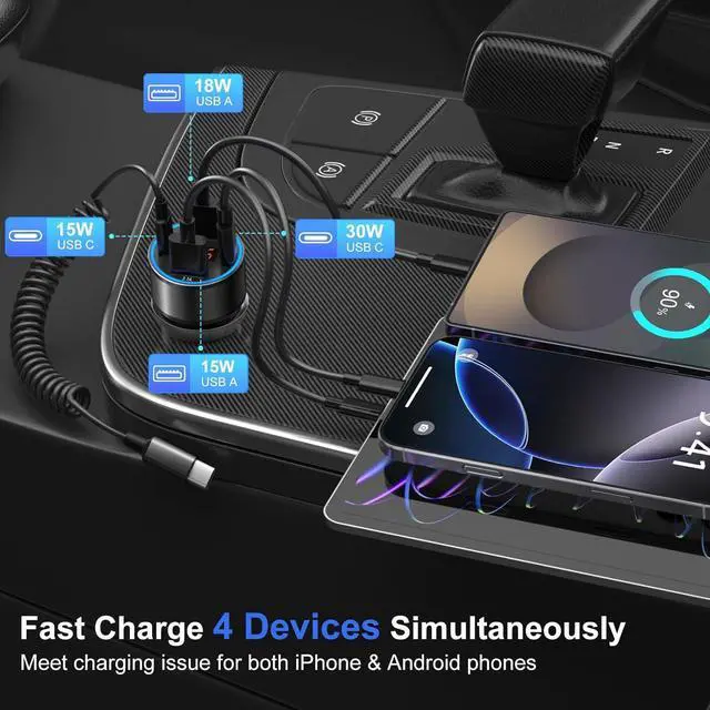 Alt view image 4 of 7 - 3 Pack USB C Car Charger, 4-Port 65W Dual 12V USB-A & USBC Cigarette Lighter Adapter Plug with Voltmeter PD/QC 3.0 Fast Charging Car Phone Charger for iPhone 16e 15 14 13 12 11 Pro Max, Android-Black