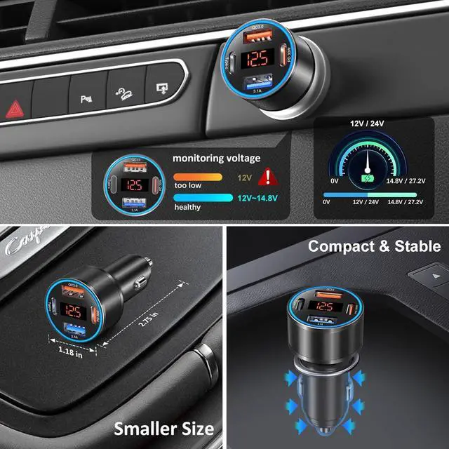 Alt view image 5 of 7 - 3 Pack USB C Car Charger, 4-Port 65W Dual 12V USB-A & USBC Cigarette Lighter Adapter Plug with Voltmeter PD/QC 3.0 Fast Charging Car Phone Charger for iPhone 16e 15 14 13 12 11 Pro Max, Android-Black