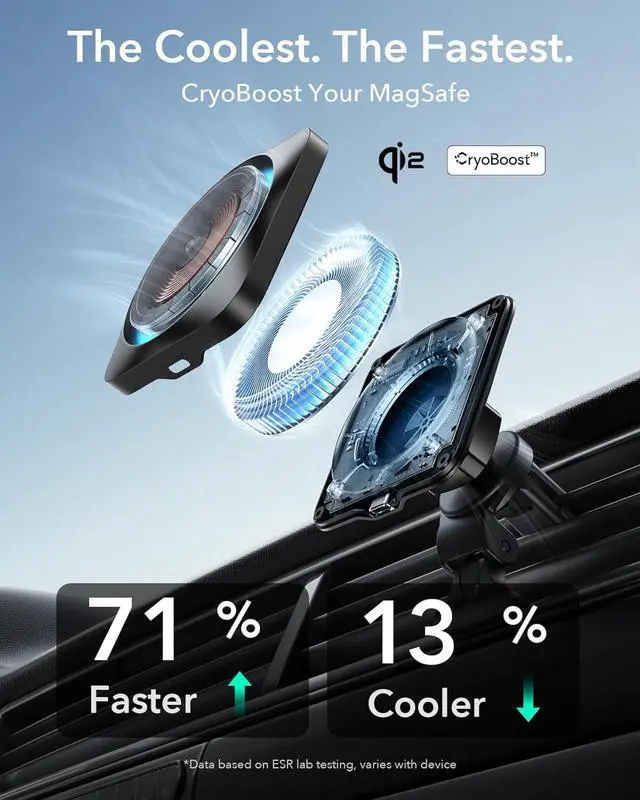 Alt view image 2 of 7 - ESR for Qi2 15W MagSafe Car Mount Charger with CryoBoost, Phone Cooling MagSafe Car Charger, Air Vent/Dashboard Wireless Charging for iPhone 16/15/14/13/12, Galaxy S25 Series, Fast Charger, Black