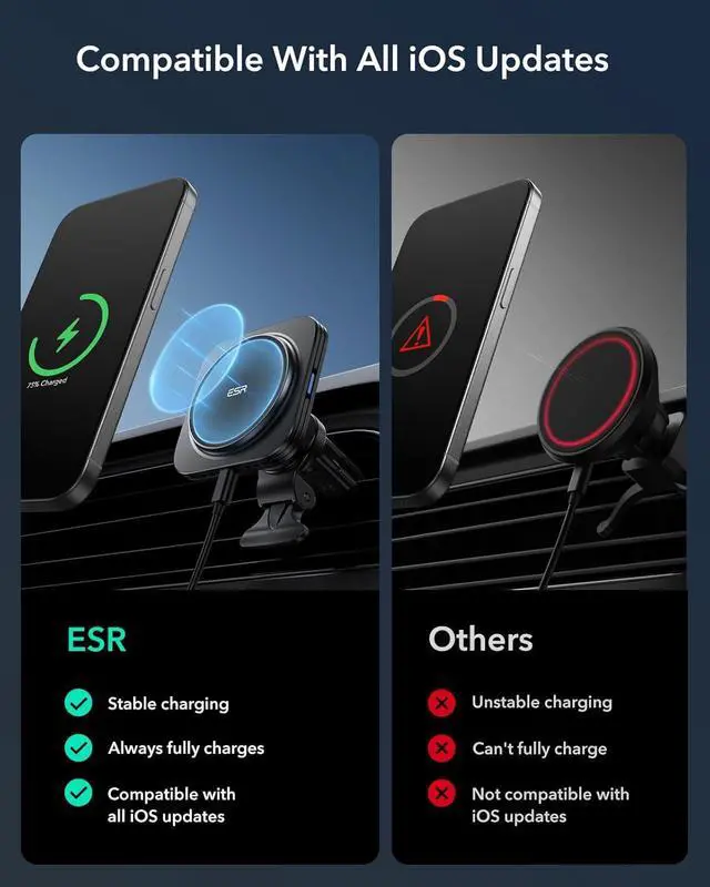 Alt view image 4 of 7 - ESR for Qi2 15W MagSafe Car Mount Charger, Qi2-Certified MagSafe Car Charger, Air Vent/Dashboard Magnetic Wireless Phone Holder Mount for iPhone 16/15/14/13/12, Galaxy S25, Fast Charging, Black