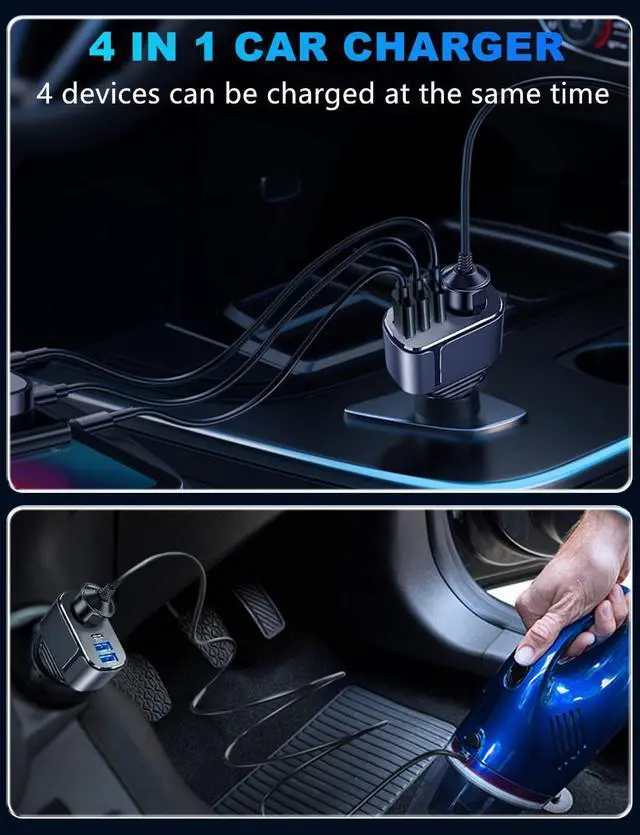 Alt view image 4 of 7 - 4 in 1 USB C Car Charger Adapter, 210W Multi USB Cigarette Lighter Adapter, Socket Splitter with 3 Ports, 12V/24V Outlet Dual Type C PD Fast Car Charger for iPhone 16/15/14,iPad,Samsung,GPS