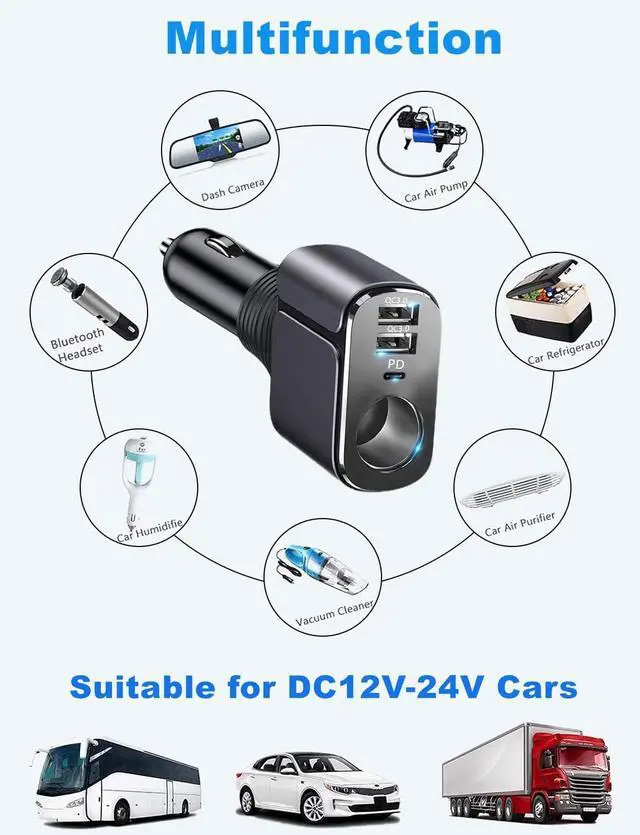 Alt view image 5 of 7 - 4 in 1 USB C Car Charger Adapter, 210W Multi USB Cigarette Lighter Adapter, Socket Splitter with 3 Ports, 12V/24V Outlet Dual Type C PD Fast Car Charger for iPhone 16/15/14,iPad,Samsung,GPS