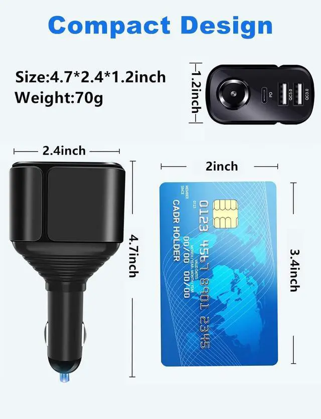 Alt view image 6 of 7 - 4 in 1 USB C Car Charger Adapter, 210W Multi USB Cigarette Lighter Adapter, Socket Splitter with 3 Ports, 12V/24V Outlet Dual Type C PD Fast Car Charger for iPhone 16/15/14,iPad,Samsung,GPS