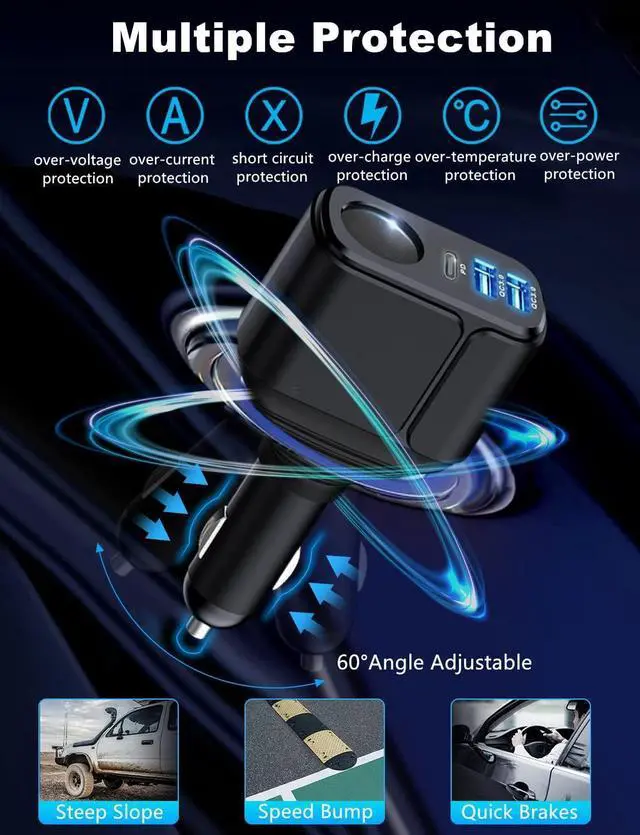 Alt view image 7 of 7 - 4 in 1 USB C Car Charger Adapter, 210W Multi USB Cigarette Lighter Adapter, Socket Splitter with 3 Ports, 12V/24V Outlet Dual Type C PD Fast Car Charger for iPhone 16/15/14,iPad,Samsung,GPS