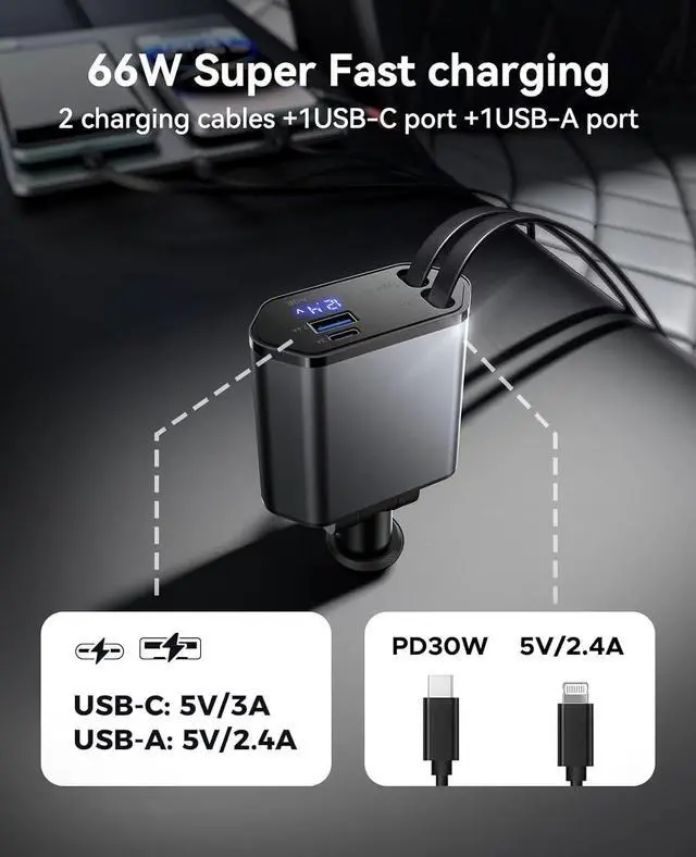Alt view image 4 of 7 - Retractable Car Charger 4 in 1 Fast Car Phone Charger Adapter, Retractable Cables and 2 USB Ports Car Charger Compatible with iPhone 16/15/14/13/12/11 Pro max, Galaxy, Google Pixel