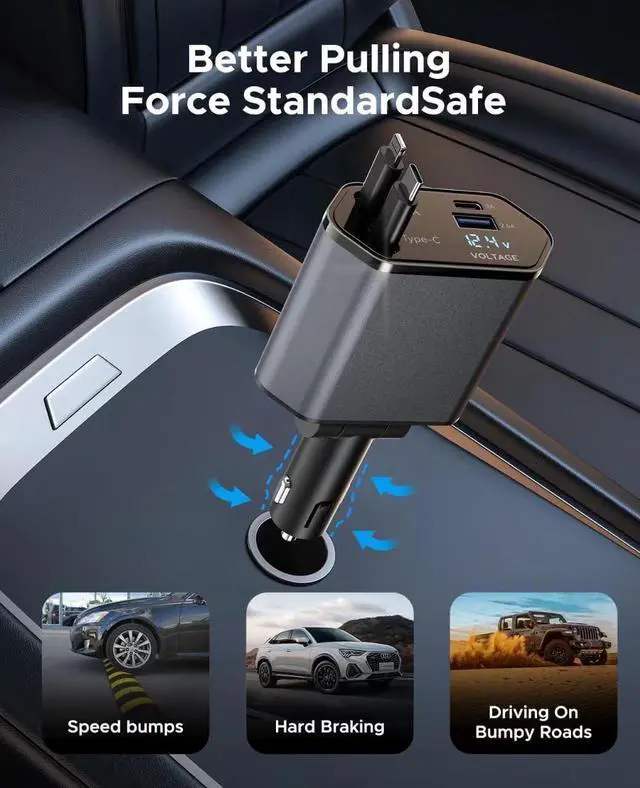 Alt view image 7 of 7 - Retractable Car Charger 4 in 1 Fast Car Phone Charger Adapter, Retractable Cables and 2 USB Ports Car Charger Compatible with iPhone 16/15/14/13/12/11 Pro max, Galaxy, Google Pixel