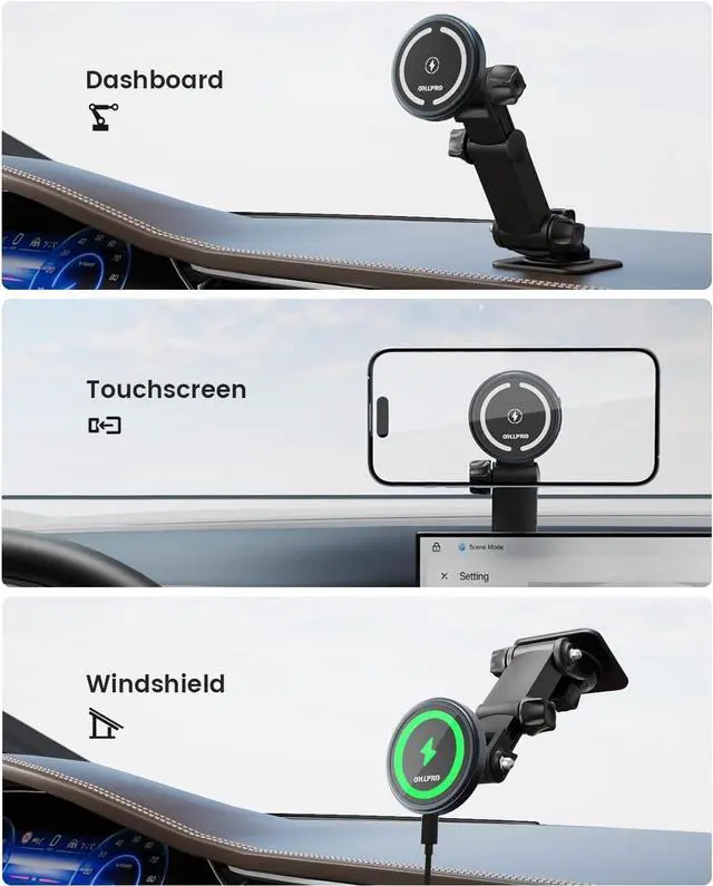 Alt view image 4 of 7 - OHLPRO for MagSafe Car Charger Mount for iPhone 16 15 14 13 Pro Max, 15W Fast Charging Phone Holder, Magnetic Car Accessories, 360° Rotation, Adhesive Base for Tesla, Gift for Men Women