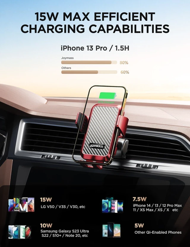 Alt view image 2 of 7 - Wireless Car Charger, JOYMASS 15W Fast Charging Auto Clamping Car Charger Cell Phone Holder Mount Vent for iPhone 15 14 13 12 Mini Pro Max 11 XR, Samsung Galaxy S23 Ultra S22 S21+ Note 20, etc - Red