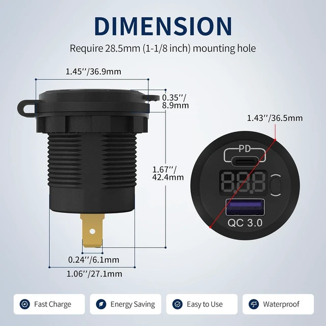 Alt view image 2 of 6 - DaierTek 12V USB C Car Charger Socket, 12V USB Outlet, 48W PD Type C & QC 3.0 12 Volt Dual USB Charging Socket Port Waterproof with Voltmeter & ON/Off Switch for Car Marine Boat Golf Cart -3Pack