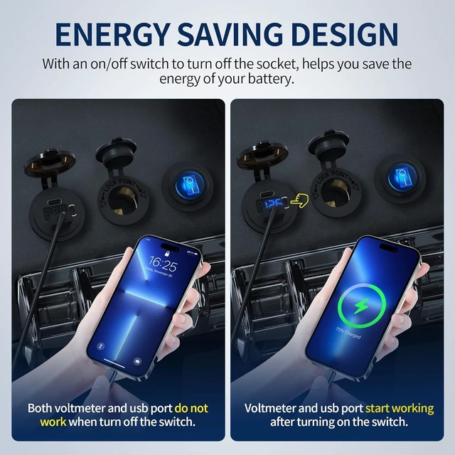Alt view image 4 of 6 - DaierTek 12V USB C Car Charger Socket, 12V USB Outlet, 48W PD Type C & QC 3.0 12 Volt Dual USB Charging Socket Port Waterproof with Voltmeter & ON/Off Switch for Car Marine Boat Golf Cart -3Pack