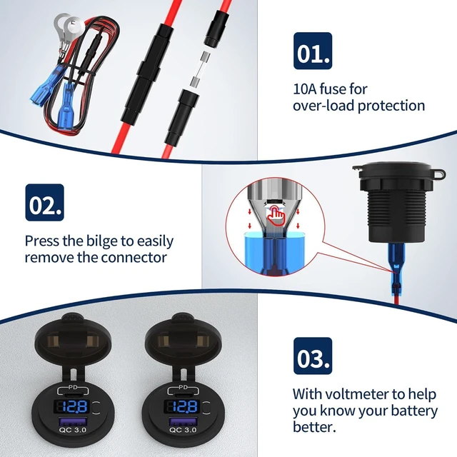 Alt view image 5 of 6 - DaierTek 12V USB C Car Charger Socket, 12V USB Outlet, 48W PD Type C & QC 3.0 12 Volt Dual USB Charging Socket Port Waterproof with Voltmeter & ON/Off Switch for Car Marine Boat Golf Cart -3Pack