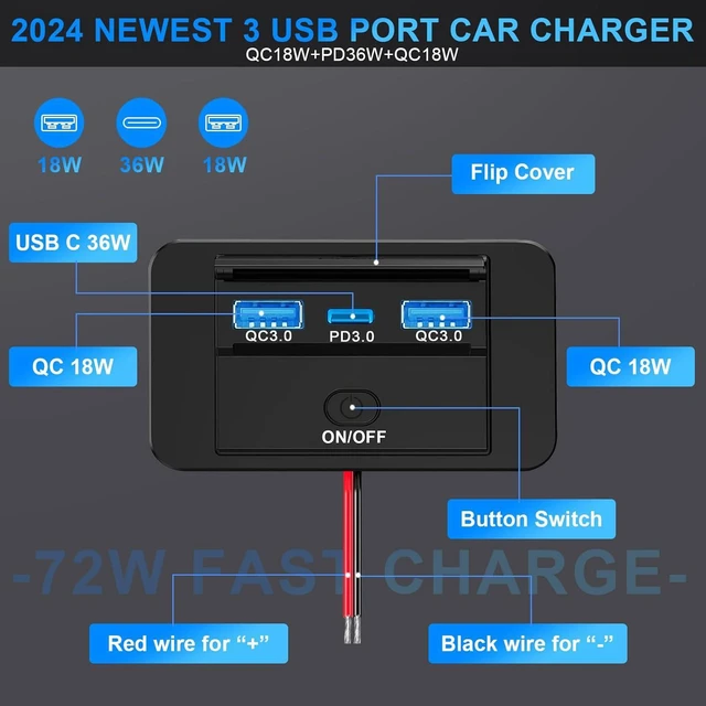 Alt view image 5 of 7 - 2PCS 3 Ports 12V RV USB Outlet 72W, Gibbab Dual USB QC3.0 36W & PD3.0 Type-C Quick Charge 36W Panel Wall Mount, Automotive Car USB Socket Charger Adapter for RV Marine Boat Bus ATV Motorcycle Truck