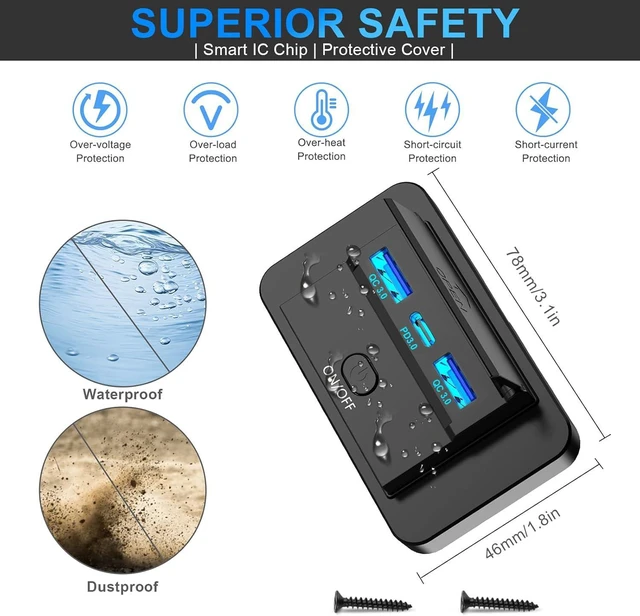 Alt view image 7 of 7 - 2PCS 3 Ports 12V RV USB Outlet 72W, Gibbab Dual USB QC3.0 36W & PD3.0 Type-C Quick Charge 36W Panel Wall Mount, Automotive Car USB Socket Charger Adapter for RV Marine Boat Bus ATV Motorcycle Truck