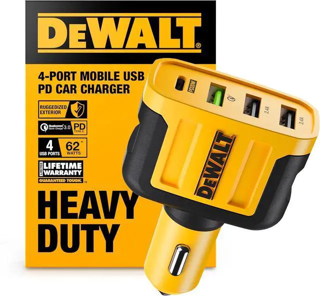 Main image of DEWALT Heavy Duty 4 Port USB C Car Charger Multiport, Fast 60W USB Cigarette Lighter Adapter, PD Type C Multi Car Phone Charger, Cell Phone Automobile Chargers Compatible w/iPhone 16/15, Samsung