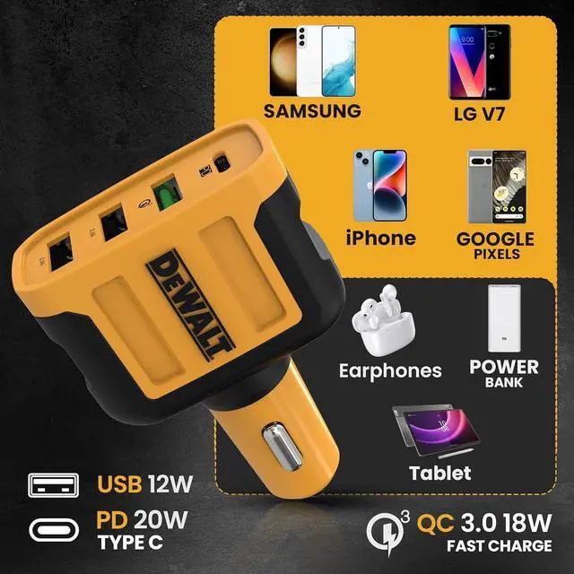 Alt view image 6 of 7 - DEWALT Heavy Duty 4 Port USB C Car Charger Multiport, Fast 60W USB Cigarette Lighter Adapter, PD Type C Multi Car Phone Charger, Cell Phone Automobile Chargers Compatible w/iPhone 16/15, Samsung