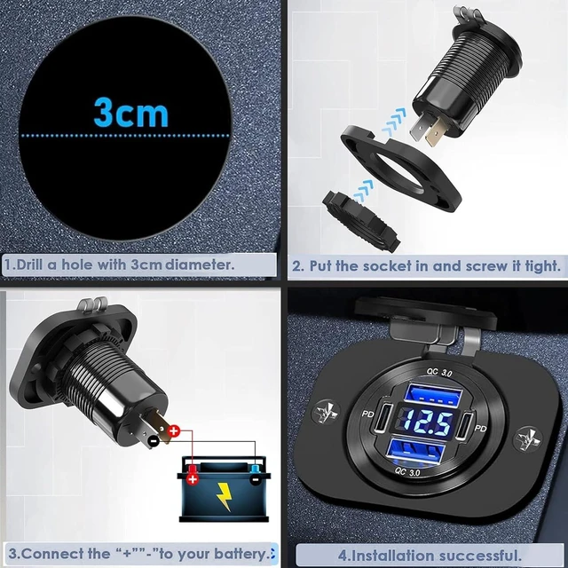 Alt view image 5 of 6 - VANONE Dual USB Quick Charge 3.0 Port & Dual PD USB C Ports Car Charger Socket, 12V USB Outlet with Voltmeter and Power Switch for Car Boat Marine Truck