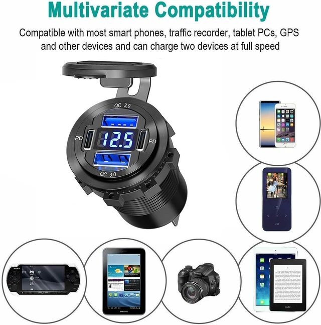 Alt view image 6 of 6 - VANONE Dual USB Quick Charge 3.0 Port & Dual PD USB C Ports Car Charger Socket, 12V USB Outlet with Voltmeter and Power Switch for Car Boat Marine Truck