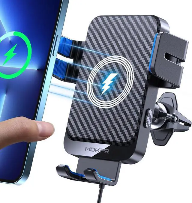 Main image of Wireless Car Charger, MOKPR 15W Fast Charging Auto-Clamping Car Holder Wireless Charger Air Vent Car Phone Mount fit for iPhone16/15/14/13/1Pro/12/11/X/8, Samsung Galaxy S23/S22/S21(Light Blue)