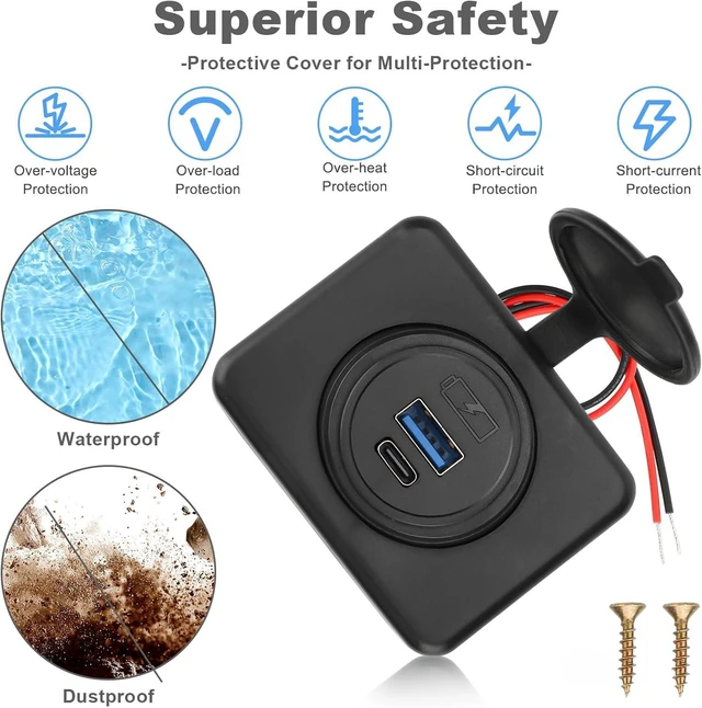 Alt view image 3 of 7 - 2PCS 12V/24V RV USB Outlet with Cap, PD3.0 18W Type-C & QC3.0 18W USB-A Port Panel Mount Surface Automotive Car USB Socket Quick Charger Power Adapter for RV Marine Boat Bus ATV Motorcycle Truck Golf