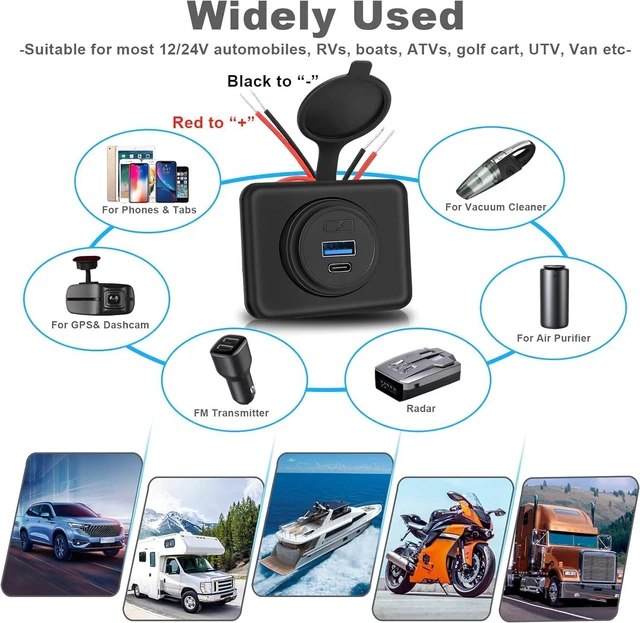 Alt view image 4 of 7 - 2PCS 12V/24V RV USB Outlet with Cap, PD3.0 18W Type-C & QC3.0 18W USB-A Port Panel Mount Surface Automotive Car USB Socket Quick Charger Power Adapter for RV Marine Boat Bus ATV Motorcycle Truck Golf