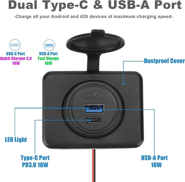 Alt view image 5 of 7 - 2PCS 12V/24V RV USB Outlet with Cap, PD3.0 18W Type-C & QC3.0 18W USB-A Port Panel Mount Surface Automotive Car USB Socket Quick Charger Power Adapter for RV Marine Boat Bus ATV Motorcycle Truck Golf