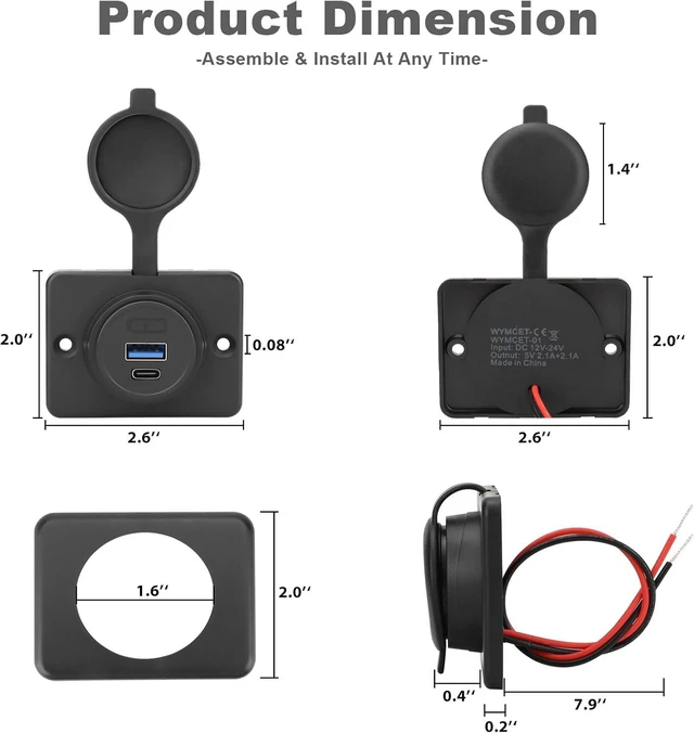 Alt view image 7 of 7 - 2PCS 12V/24V RV USB Outlet with Cap, PD3.0 18W Type-C & QC3.0 18W USB-A Port Panel Mount Surface Automotive Car USB Socket Quick Charger Power Adapter for RV Marine Boat Bus ATV Motorcycle Truck Golf