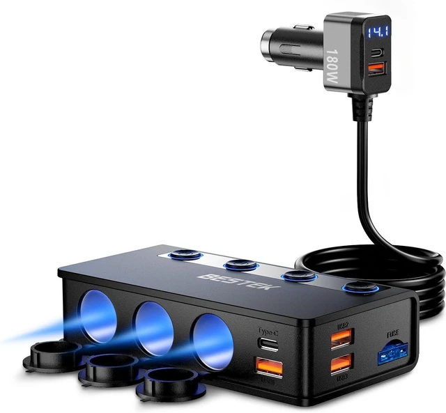 Main image of BESTEK 180W Cigarette Lighter Splitter, 3-Socket Cigarette Lighter Adapter with PD 65W&18W and QC3.0 18W*4 Charging Ports, LED Voltage Display Super Fast Charger Adapter for 12V/24V Vehicles
