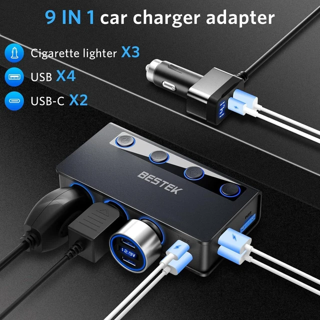 Alt view image 2 of 7 - BESTEK 180W Cigarette Lighter Splitter, 3-Socket Cigarette Lighter Adapter with PD 65W&18W and QC3.0 18W*4 Charging Ports, LED Voltage Display Super Fast Charger Adapter for 12V/24V Vehicles