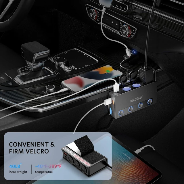 Alt view image 4 of 7 - BESTEK 180W Cigarette Lighter Splitter, 3-Socket Cigarette Lighter Adapter with PD 65W&18W and QC3.0 18W*4 Charging Ports, LED Voltage Display Super Fast Charger Adapter for 12V/24V Vehicles