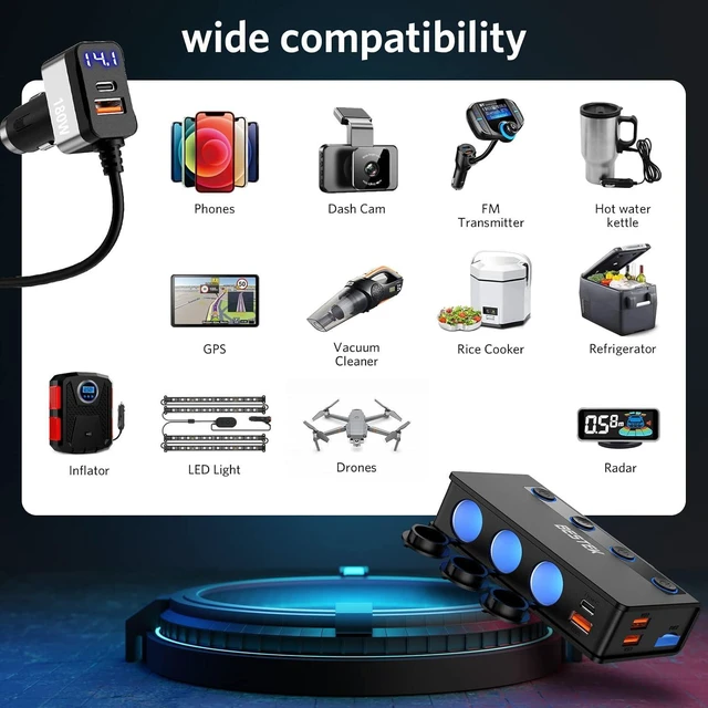 Alt view image 6 of 7 - BESTEK 180W Cigarette Lighter Splitter, 3-Socket Cigarette Lighter Adapter with PD 65W&18W and QC3.0 18W*4 Charging Ports, LED Voltage Display Super Fast Charger Adapter for 12V/24V Vehicles