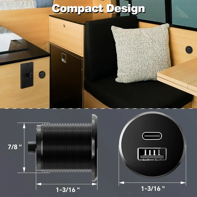 Alt view image 6 of 7 - Acegoo RV USB Outlet All-Aluminum Type A + Type C Ports 12V/24V USB Charger, Recessed Mount 24W High-Speed Charging Socket, PD3.0 & QC3.0 Fast Charger for Camper Trailer Van Car Boat Golf Cart - 2Pcs