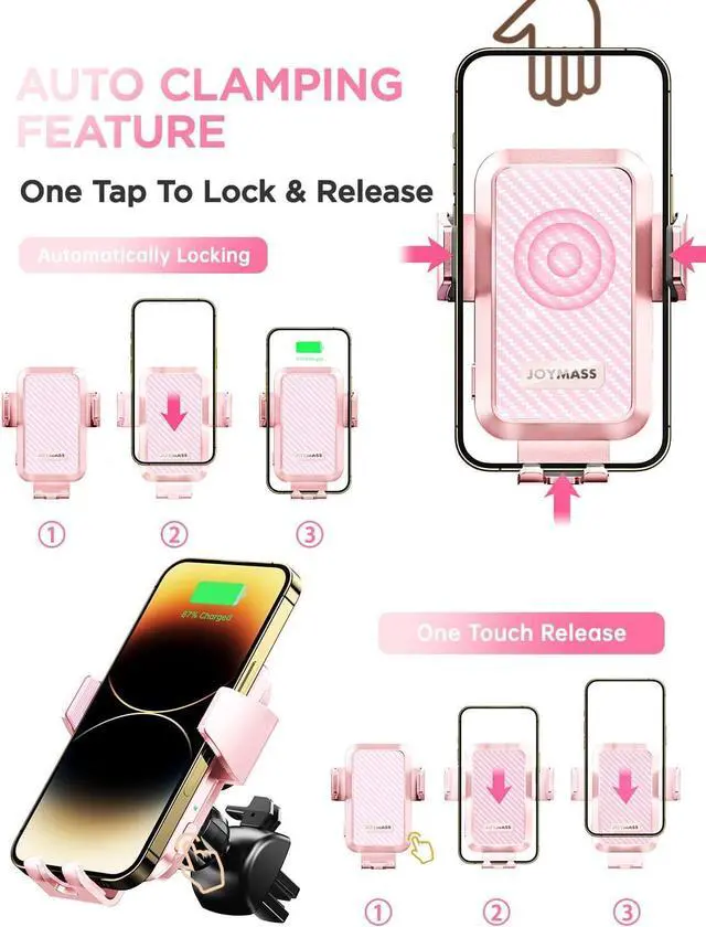 Alt view image 3 of 7 - Wireless Car Charger, JOYMASS 15W Fast Charging Auto Clamping Car Charger Cell Phone Holder Mount Vent for iPhone 15 14 13 12 Mini Pro Max, Samsung Galaxy S24 Ultra S23 S22 S21+ Note 20, etc - Pink