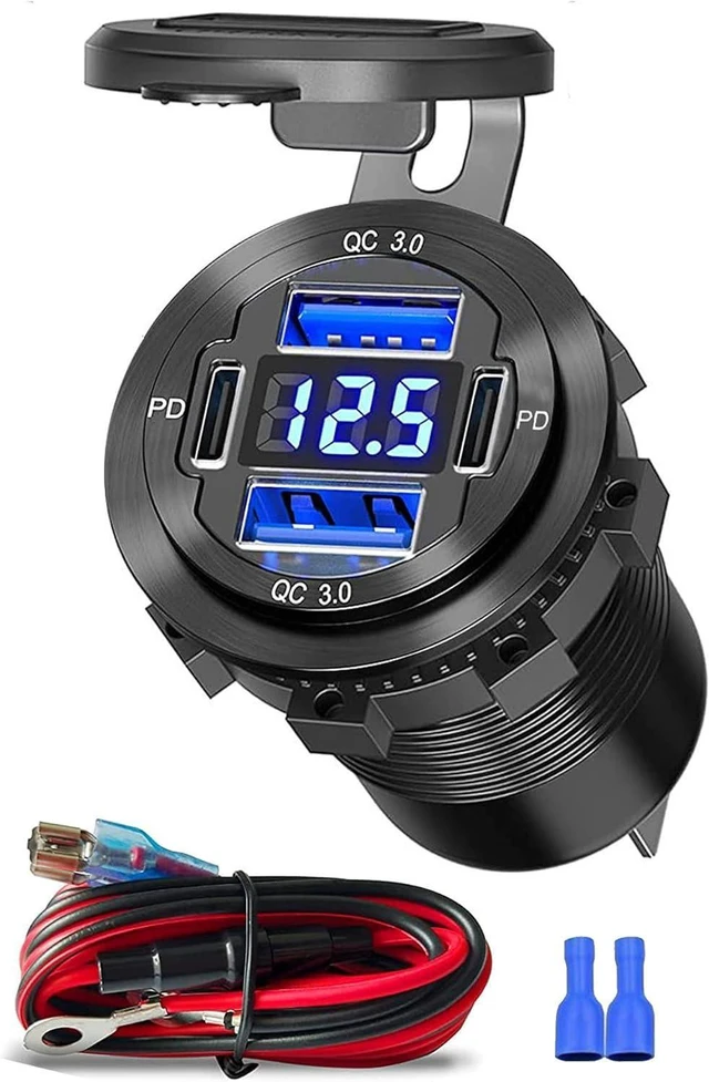 Main image of Upgraded 12V USB Charger with 4 Ports - Aluminum Alloy Car Outlet with LED Voltmeter for Cars, Golf Carts, Boats, RVs, Trucks, and Motorcycles (Pack of 1)