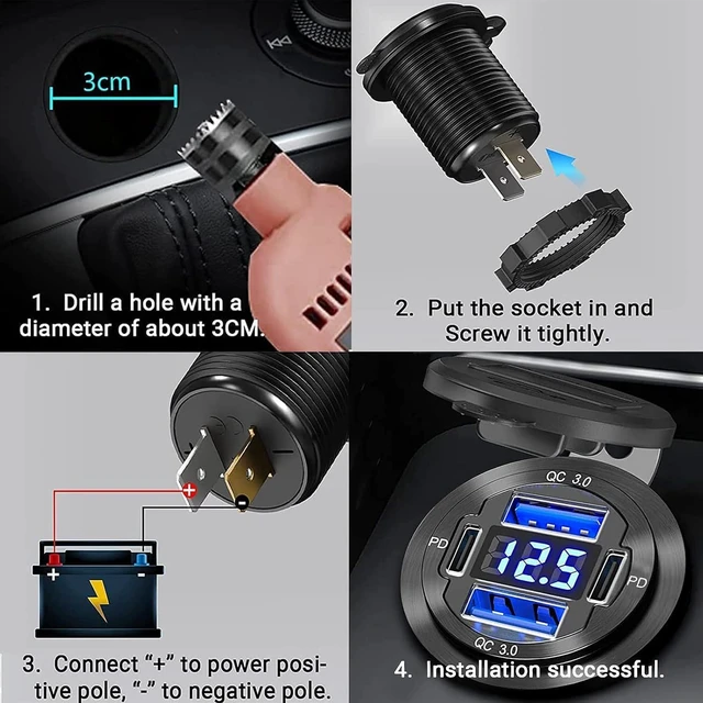 Alt view image 5 of 7 - Upgraded 12V USB Charger with 4 Ports - Aluminum Alloy Car Outlet with LED Voltmeter for Cars, Golf Carts, Boats, RVs, Trucks, and Motorcycles (Pack of 1)